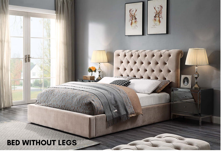 Beige upholstered gas lift bed without legs, tufted headboard in modern bedroom