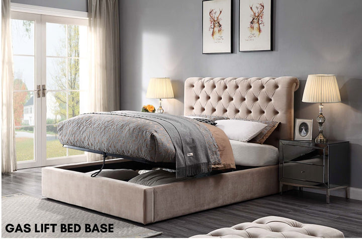 Beige gas lift storage bed with upholstered headboard in modern bedroom setting
