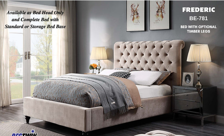 Beige upholstered queen bed with tufted headboard, bedside tables, and modern bedroom decor
