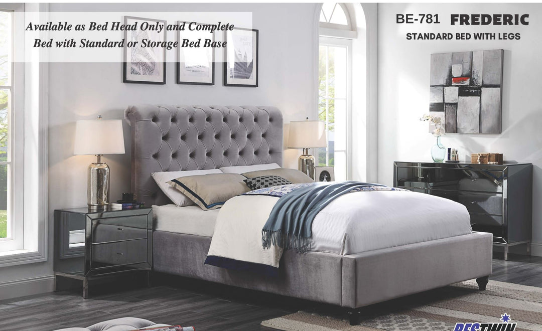Modern bedroom with grey upholstered queen bed, tufted headboard, mirrored nightstands, and soft bedding
