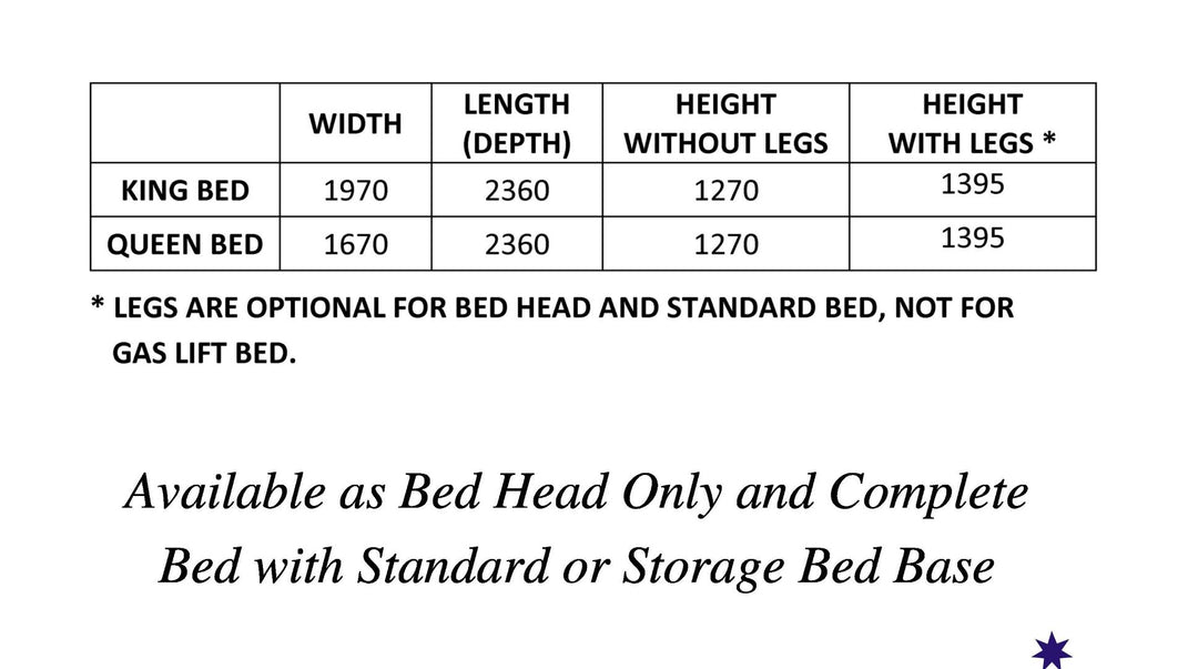 King and queen bed dimensions chart with optional legs and base options for bedroom furniture