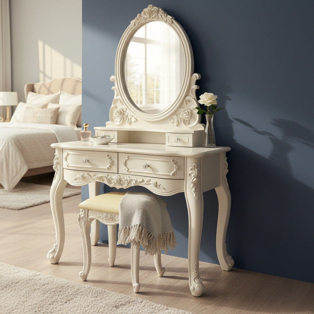 French Style Wooden Dressing Table With Stool