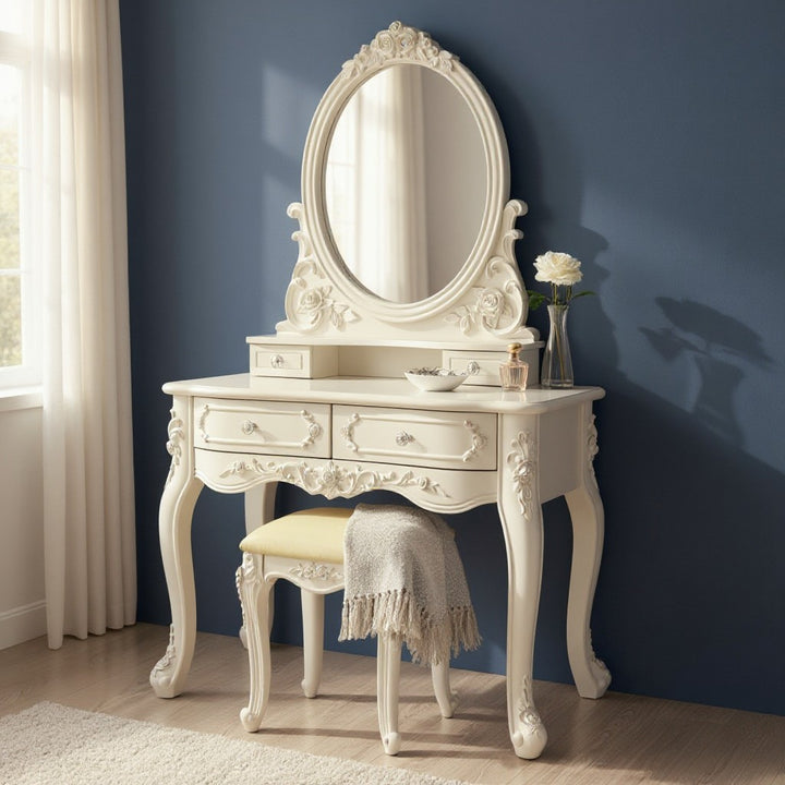 French Style Wooden Dressing Table With Stool