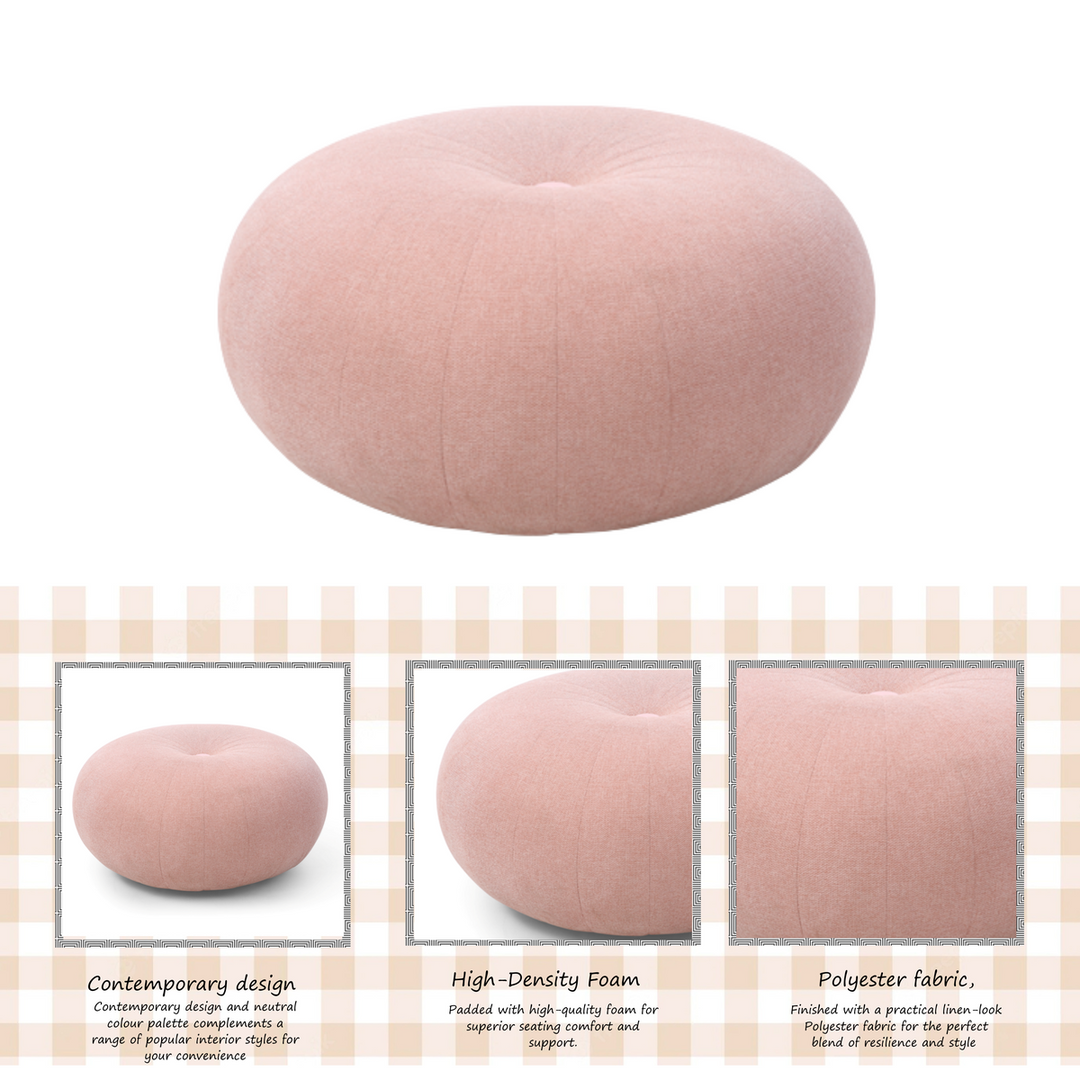 Round pink upholstered ottoman with button tuft, modern design, high-density foam, polyester fabric