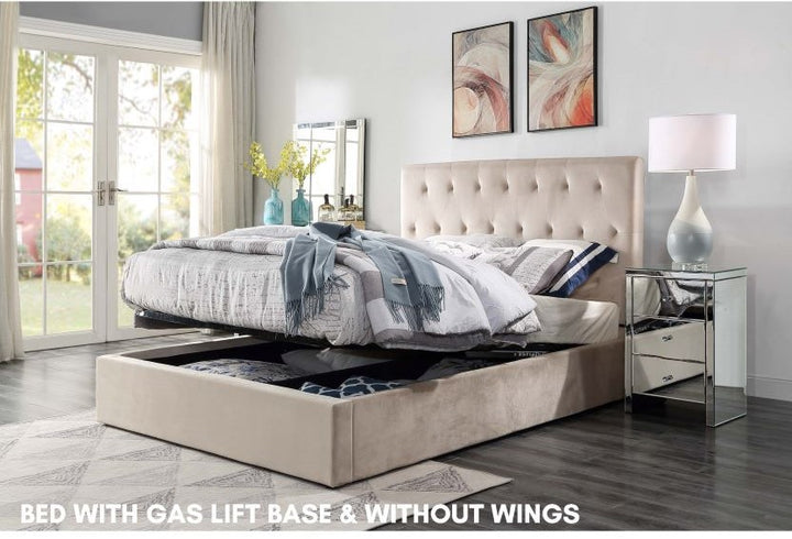 Beige gas lift storage bed without wings in modern bedroom with mirrored nightstand
