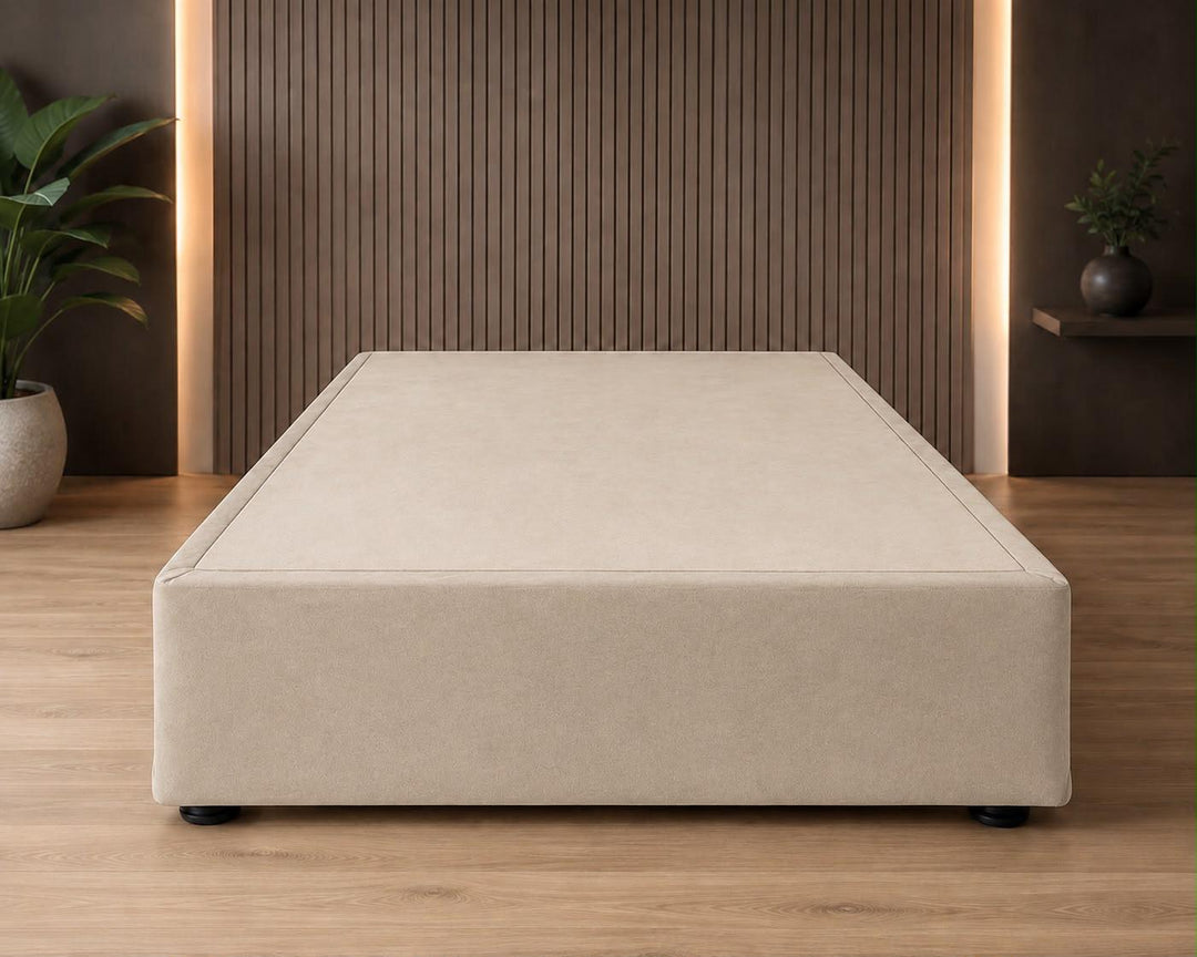 Bed Base Solid Timber Slats Beige Velvet (Beige Velvet Bed Base)