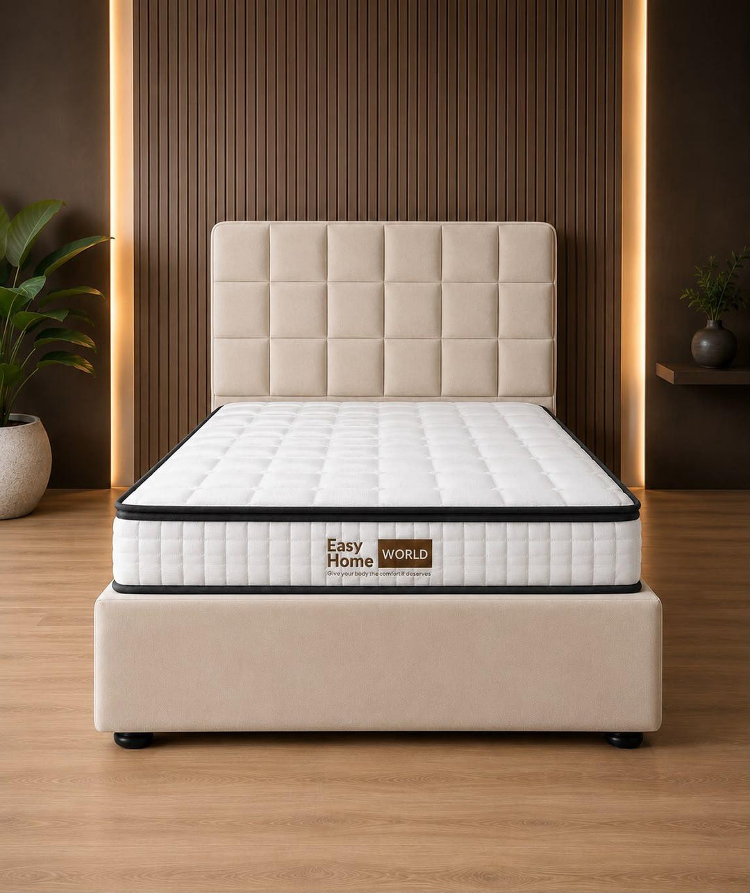Bed Base Solid Timber Slats Beige Velvet (Beige Velvet Bed Base)