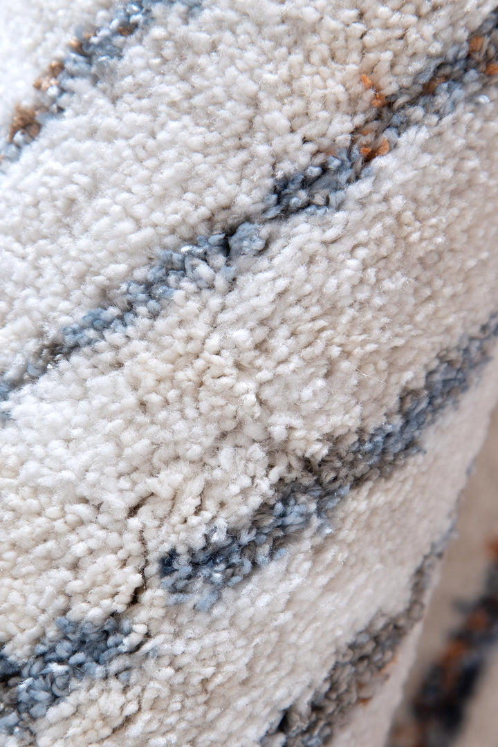 Close-up of plush cream and grey patterned rug texture
