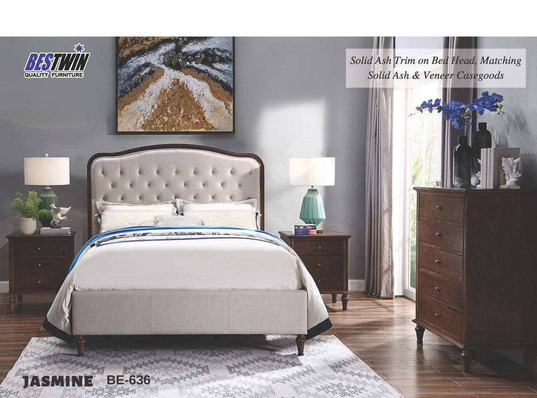 Beige upholstered queen bed with tufted headboard, wood trim, nightstands, and dresser in modern bedroom