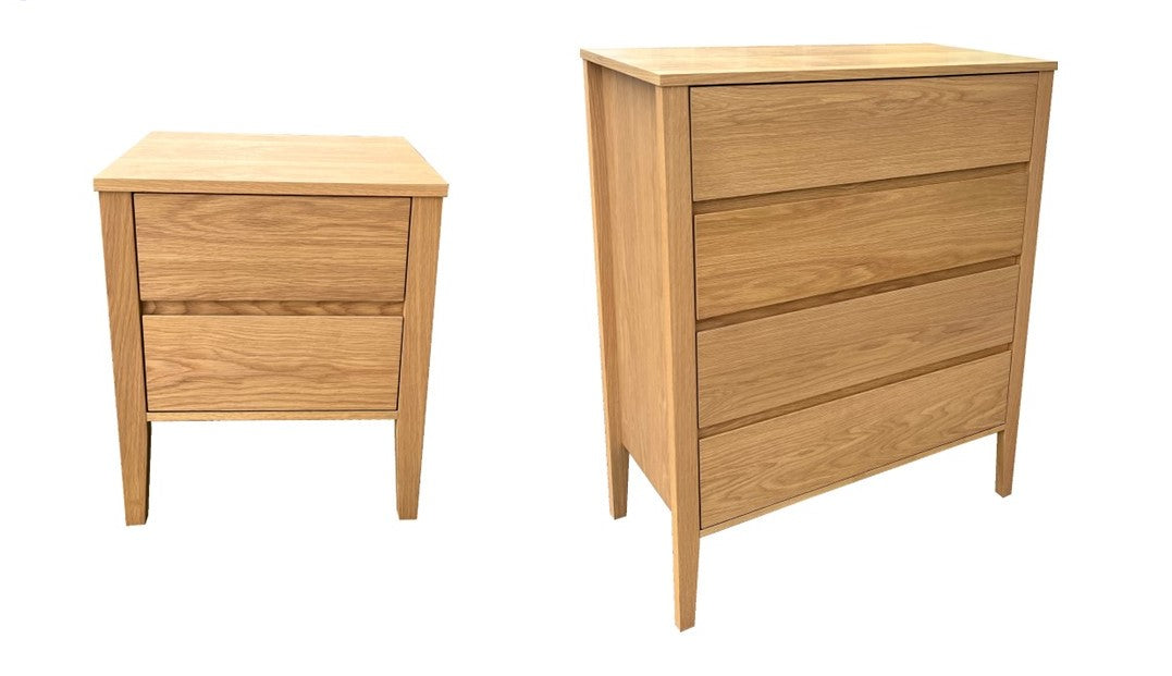 Natural wood chest of drawers and matching bedside table with clean modern design