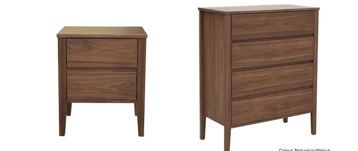 Mid-century modern walnut wood nightstand and chest of drawers with clean lines