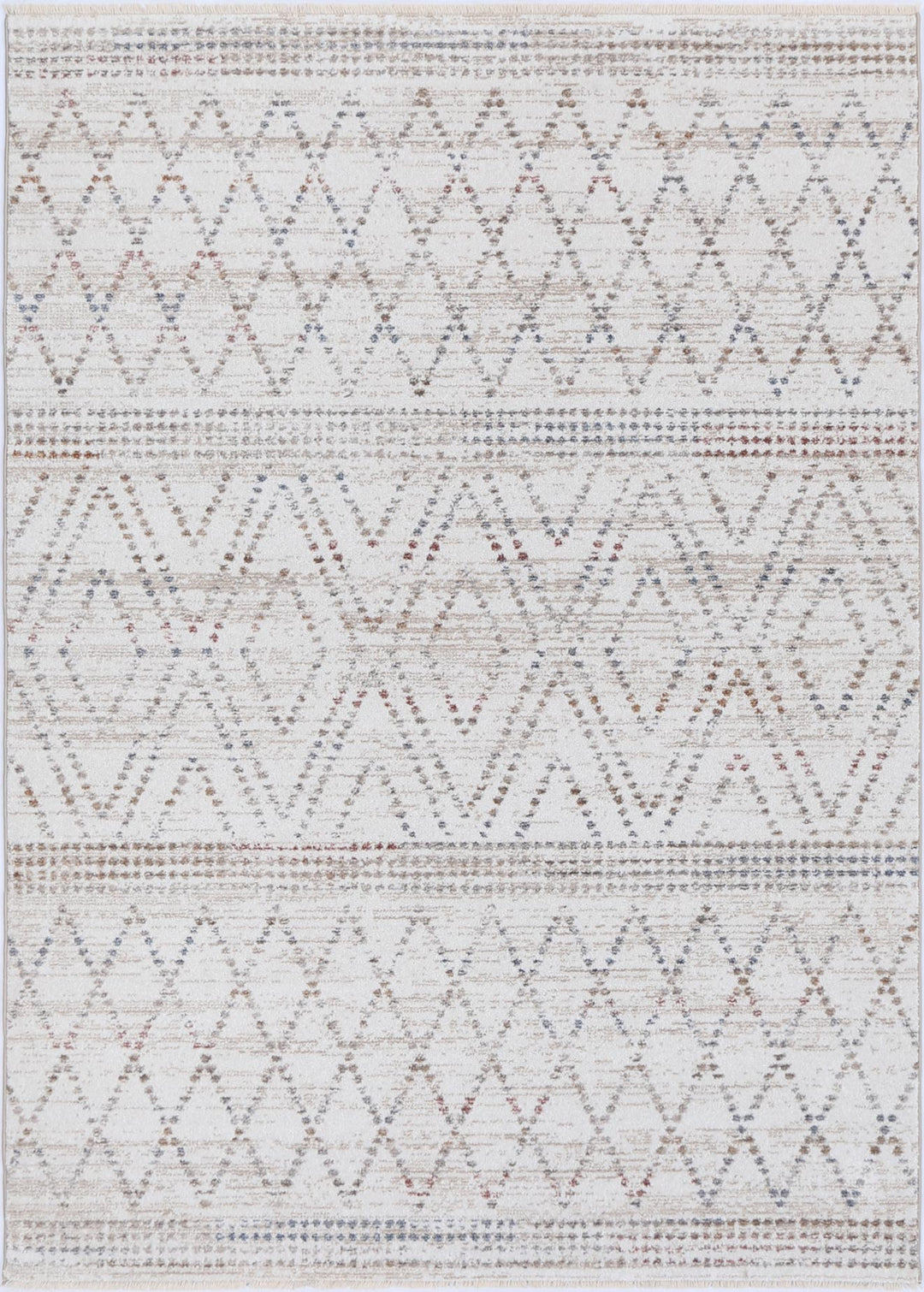 Modern geometric patterned area rug in neutral beige and white tones, home decor accent.