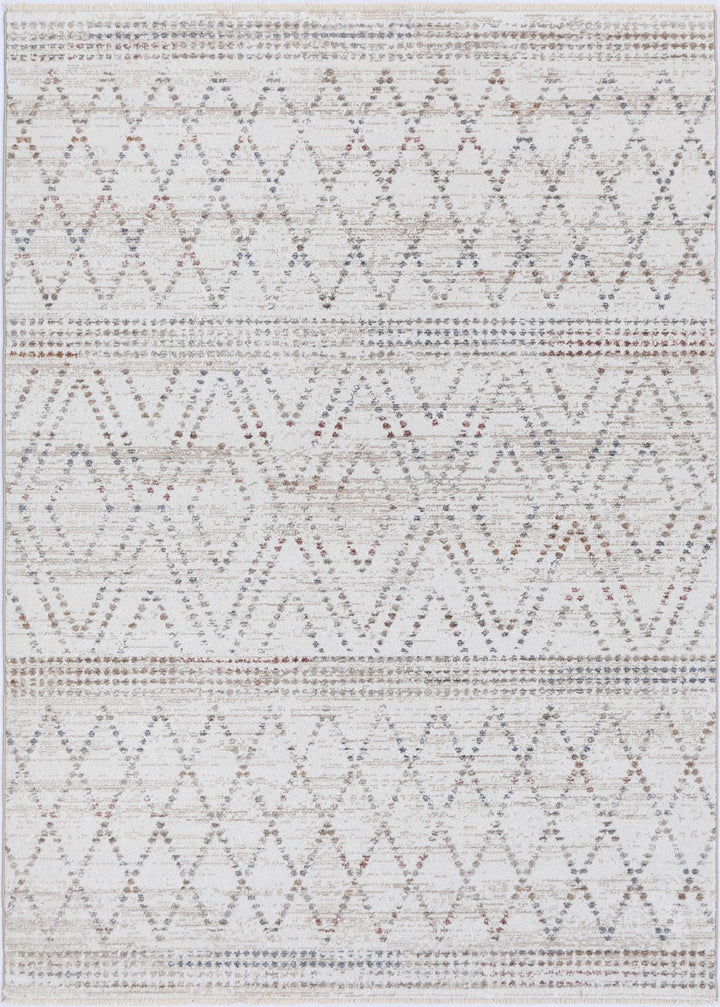 Modern geometric patterned area rug in neutral beige and white tones, home decor accent.