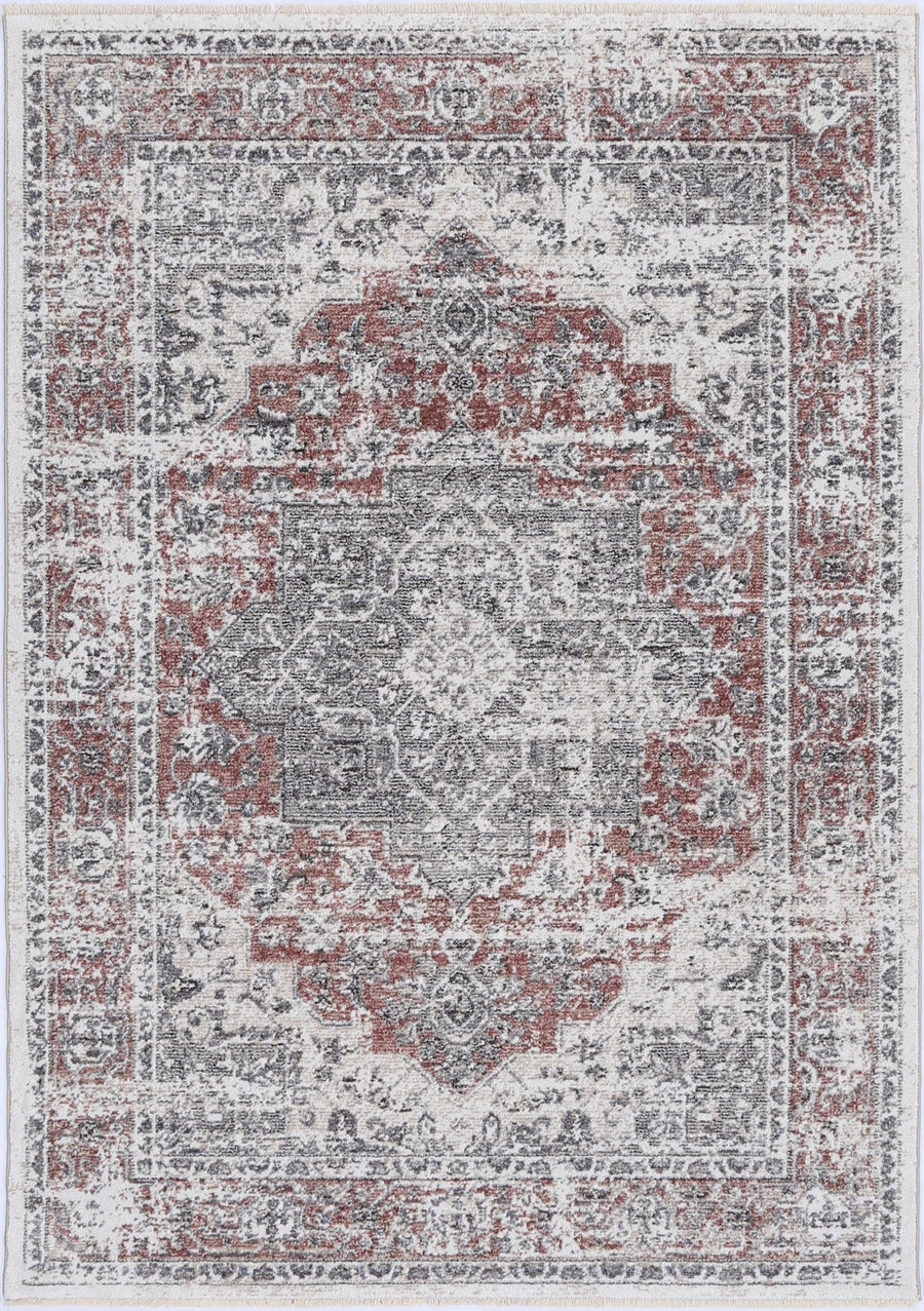 Vintage-style area rug with red, gray, and ivory intricate pattern design