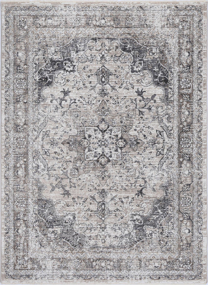 Traditional area rug with ornate floral and medallion pattern in neutral tones