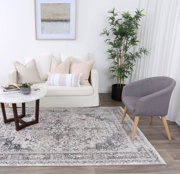 Modern living room with beige sofa, accent pillows, gray chair, patterned rug, and indoor plant