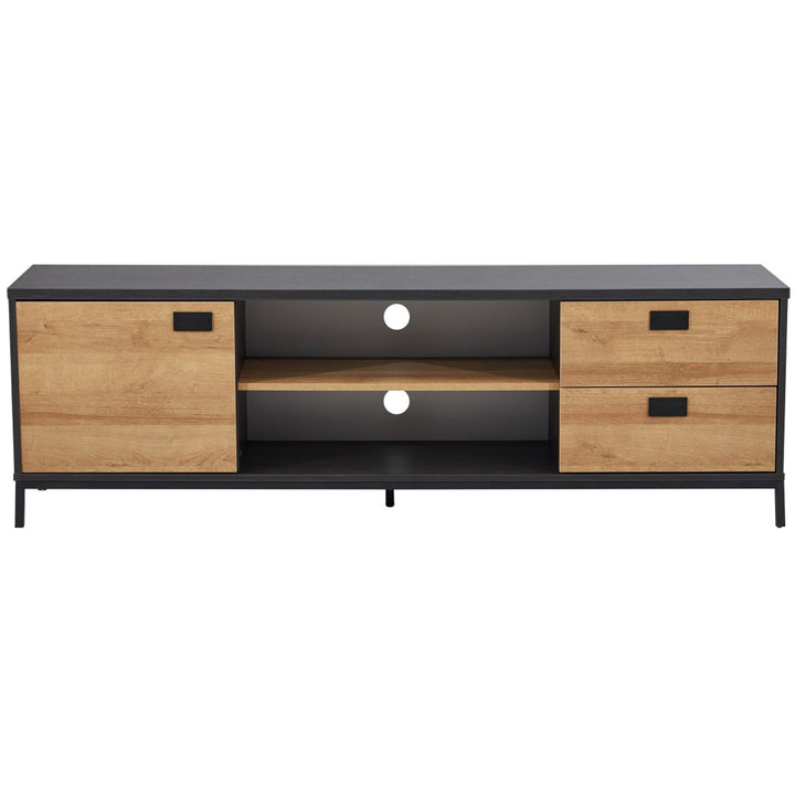 Modern TV unit with black frame, wood finish drawers, cabinet, and open shelves