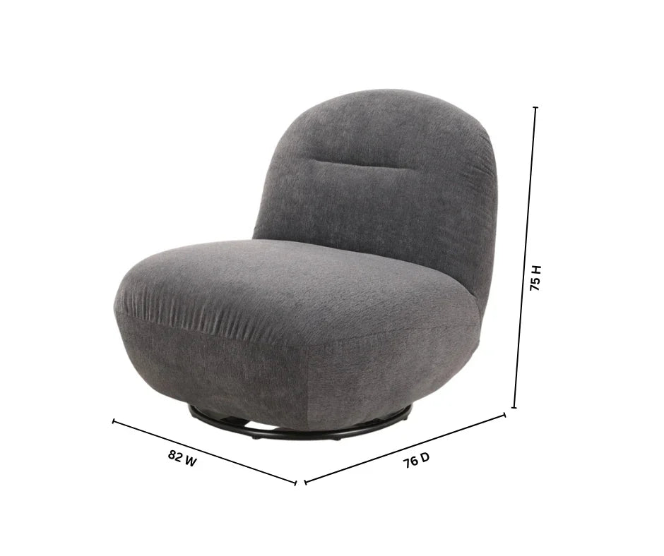 Dark grey swivel chair with rounded back, fabric upholstery, and size dimensions shown.