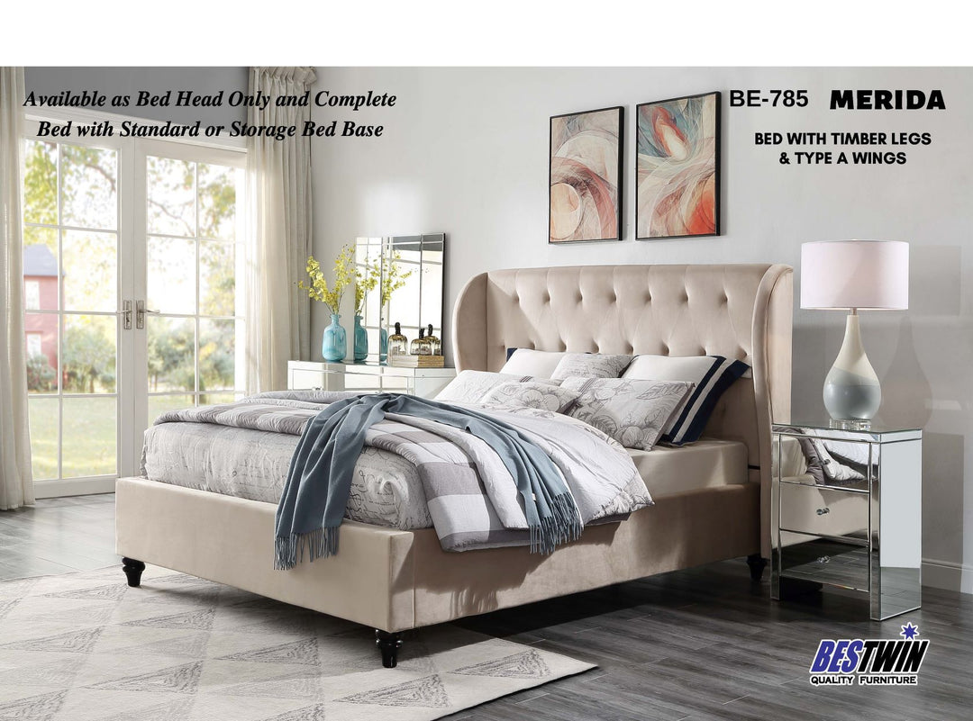 Modern bedroom with beige upholstered bed, timber legs, type A winged headboard, and mirrored nightstands