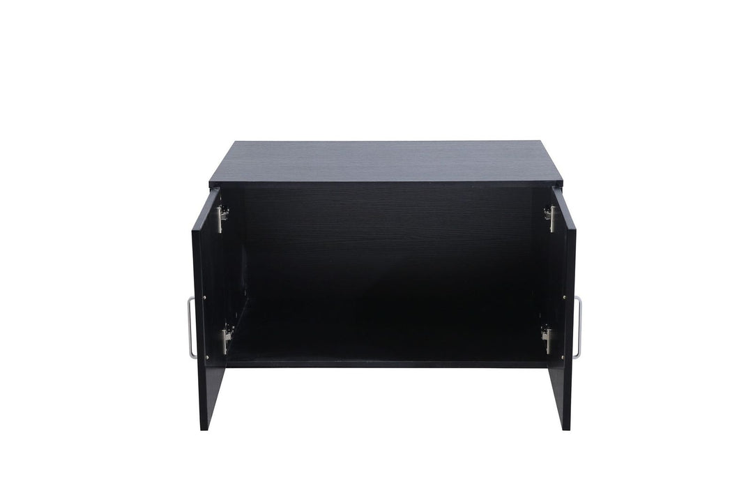 Modern black wooden cabinet with double doors open, showing interior storage space