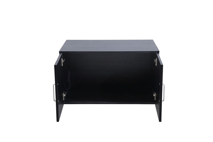 Modern black wooden cabinet with double doors open, showing interior storage space