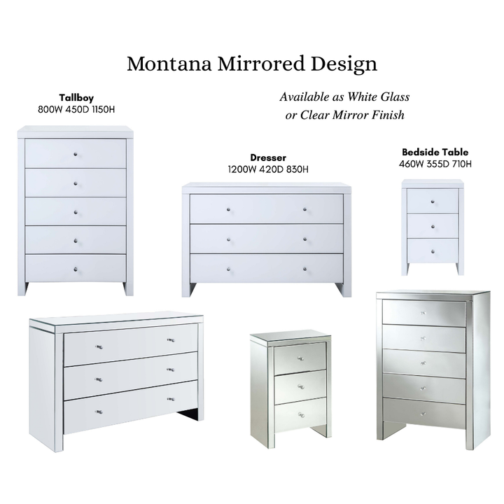 Montana mirrored bedroom furniture set with tallboy, dresser, and bedside table in white glass or clear mirror finish.