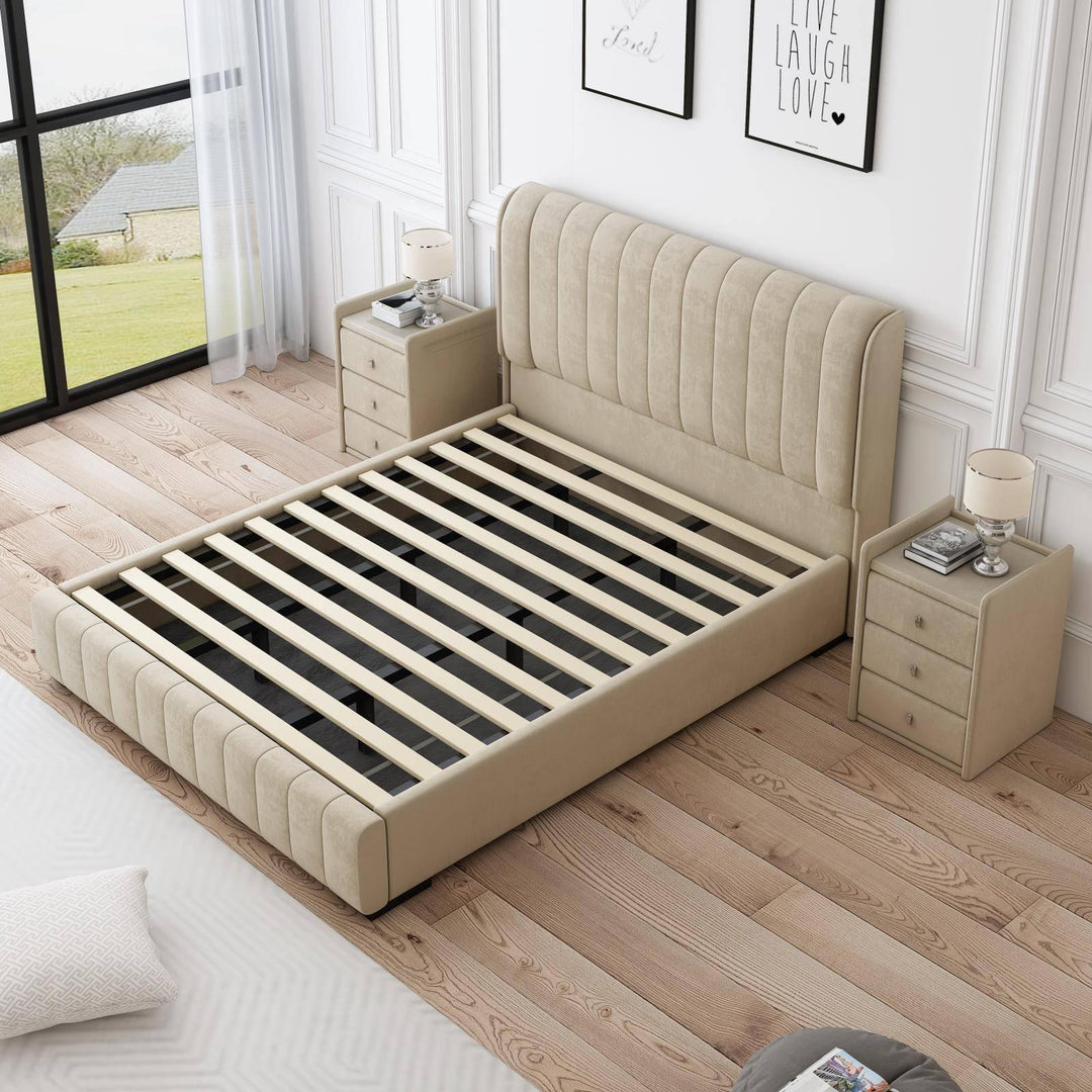 Europa Luxury Velvet Queen Bed Frame Beige - DLB Furniture