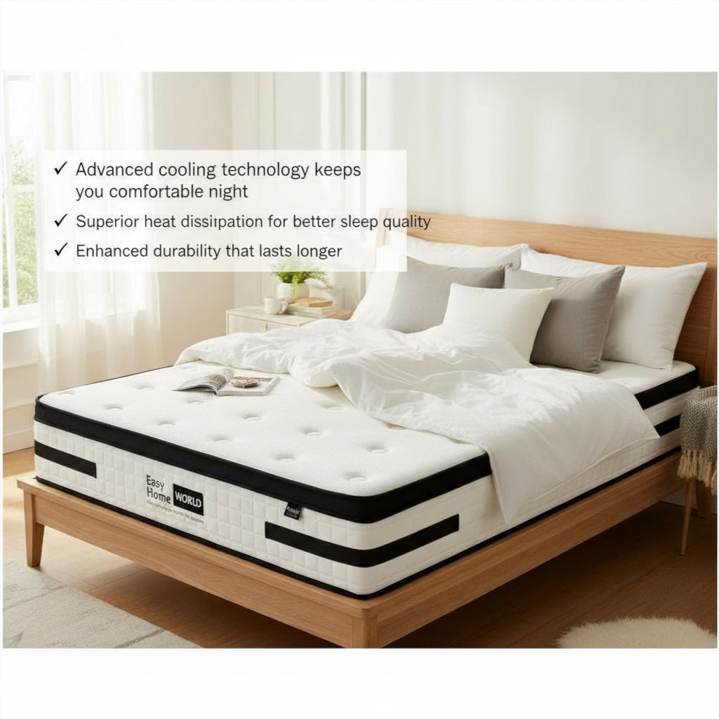 Modern bedroom with a graphene foam mattress on a wooden bed, white and grey bedding.