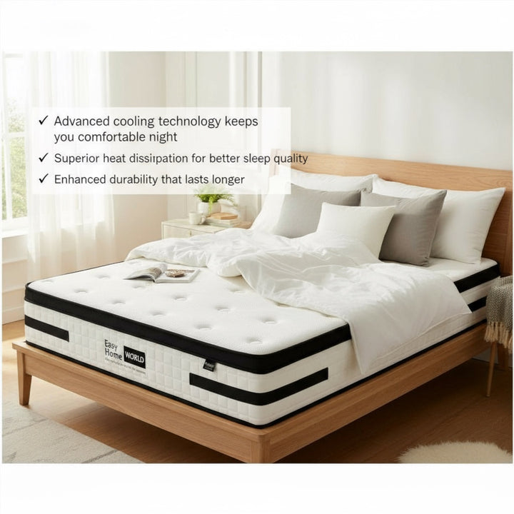 Modern bedroom with a graphene foam mattress on a wooden bed, white and grey bedding.