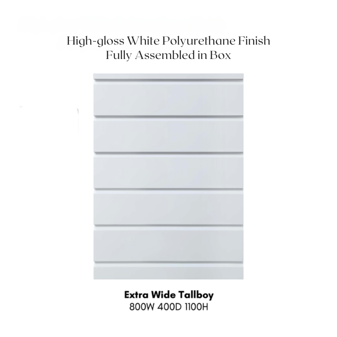 High-gloss white 5-drawer tallboy chest with modern flat front design, extra wide.