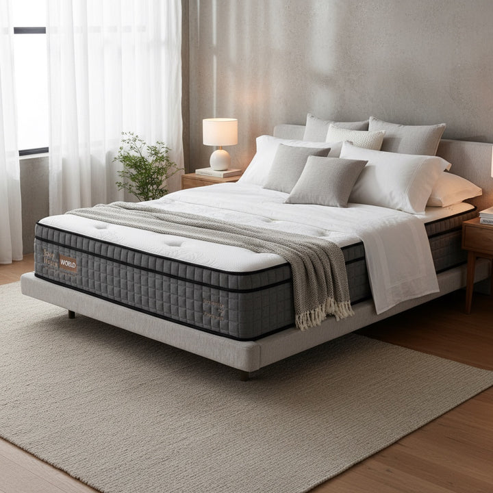 Modern bedroom with a grey upholstered bed frame, plush mattress, white bedding, and accent pillows
