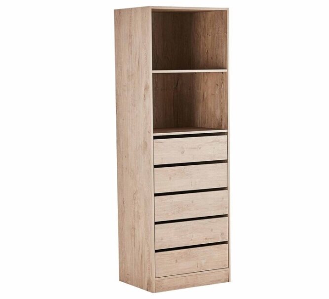 Light wood tall storage cabinet with open shelves and five drawers for home organization