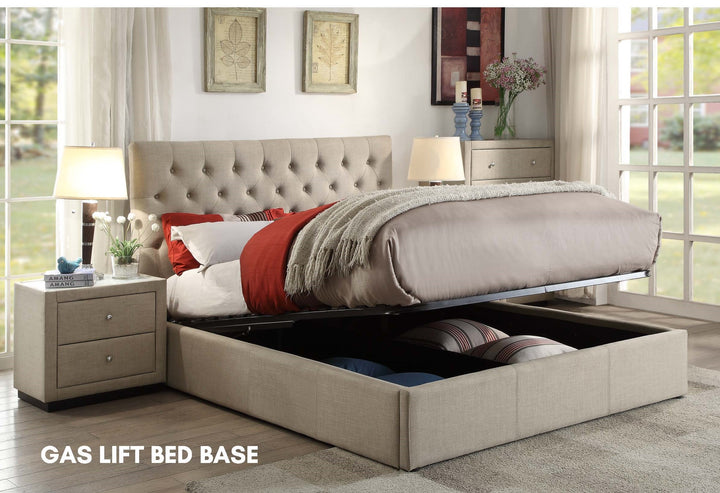 Beige upholstered gas lift bed base with storage open in a bright, modern bedroom.