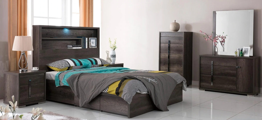 Modern dark wood bedroom set with bed, nightstand, dresser, and wardrobe in a bright room