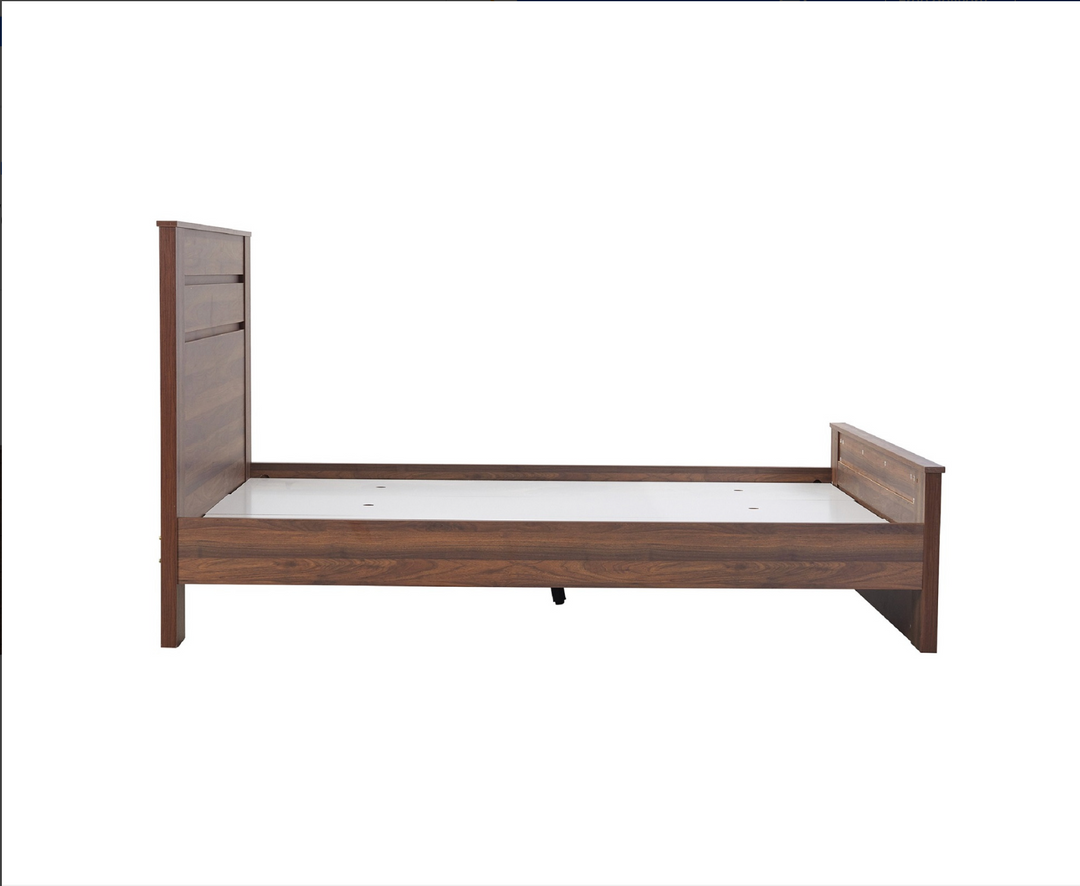 Modern wooden bed frame with high headboard and footboard on white background