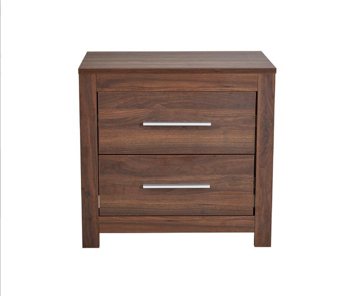 Modern wooden bedside table with two drawers and metal handles on white background