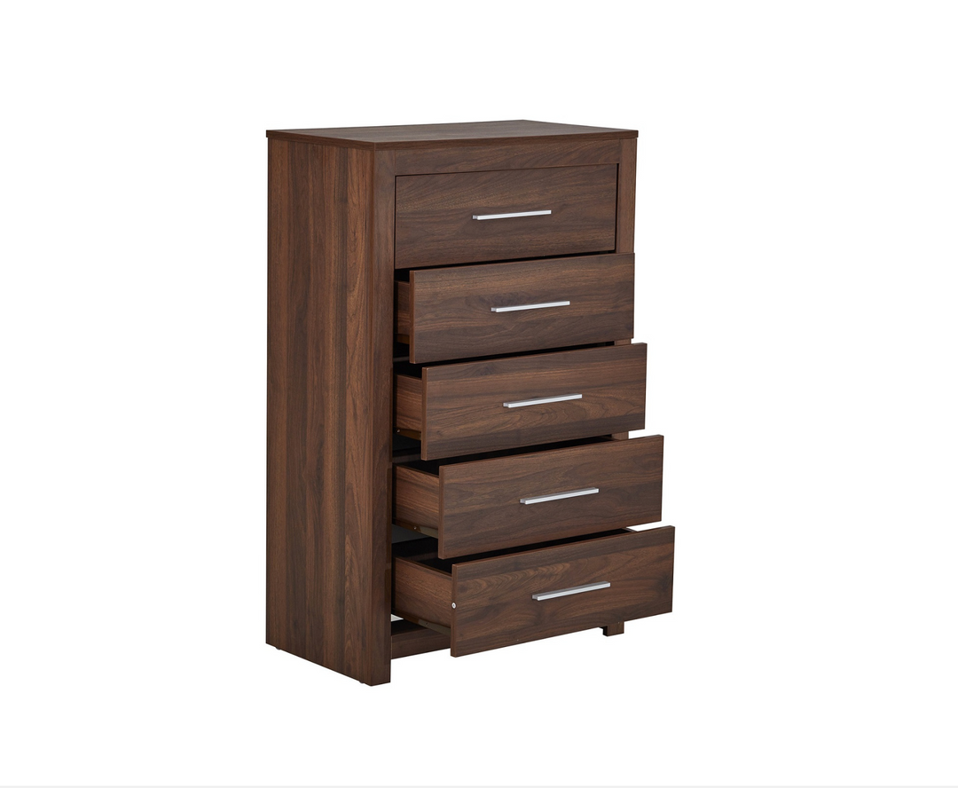 Modern wooden chest of drawers with five open drawers, dark wood finish, metal handles