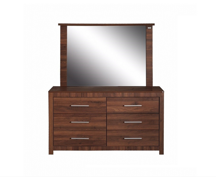 Modern wooden dresser with six drawers and large mirror, home bedroom furniture
