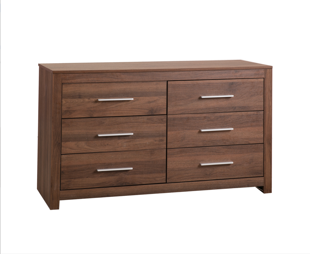 Modern wooden six-drawer dresser with metal handles, home bedroom furniture