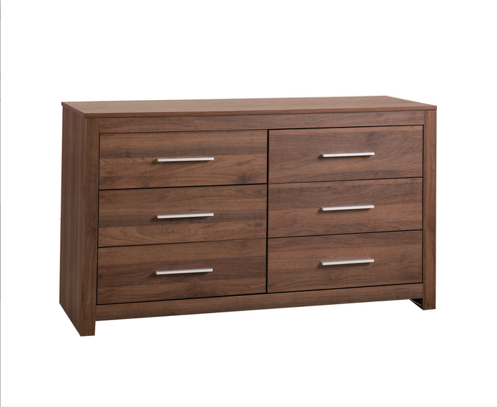 Modern wooden six-drawer dresser with metal handles, home bedroom furniture