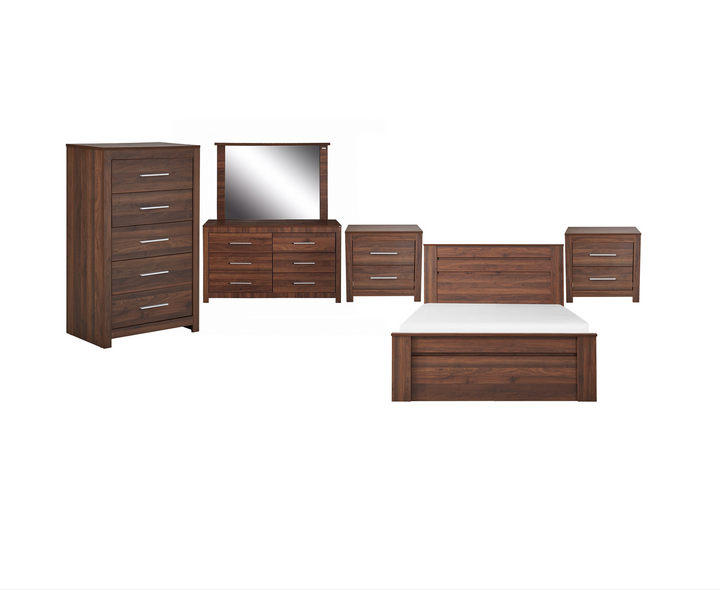 Modern wooden bedroom furniture set with bed, dresser, mirror, chest, and nightstands