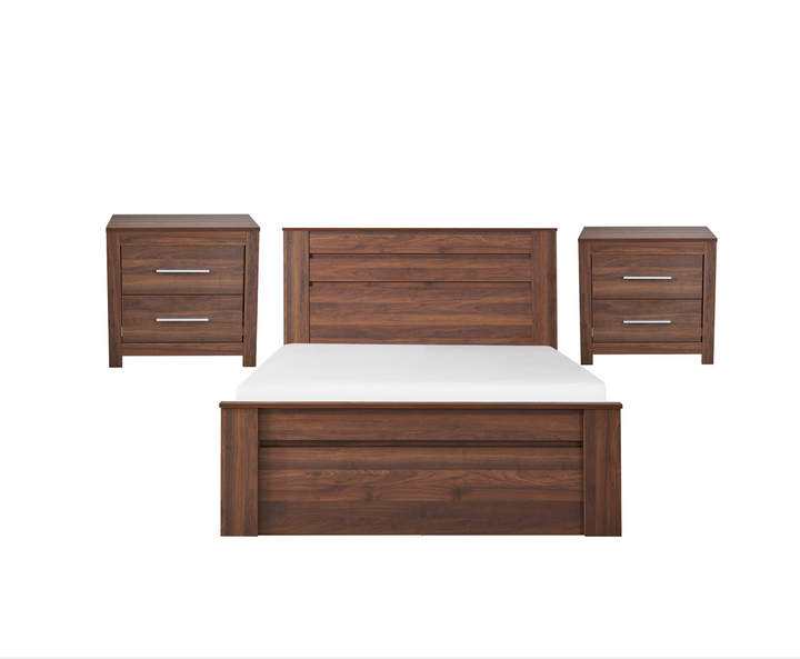 Modern wooden bed frame with matching nightstands, contemporary bedroom furniture set