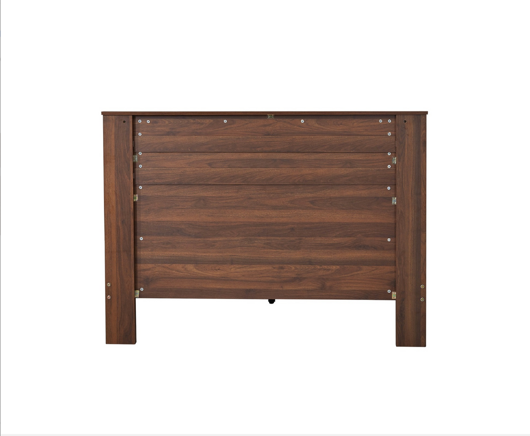 Modern wooden bed headboard with horizontal grain, rich walnut finish, isolated on white