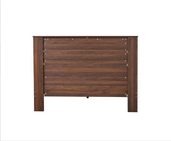 Modern wooden bed headboard with horizontal grain, rich walnut finish, isolated on white