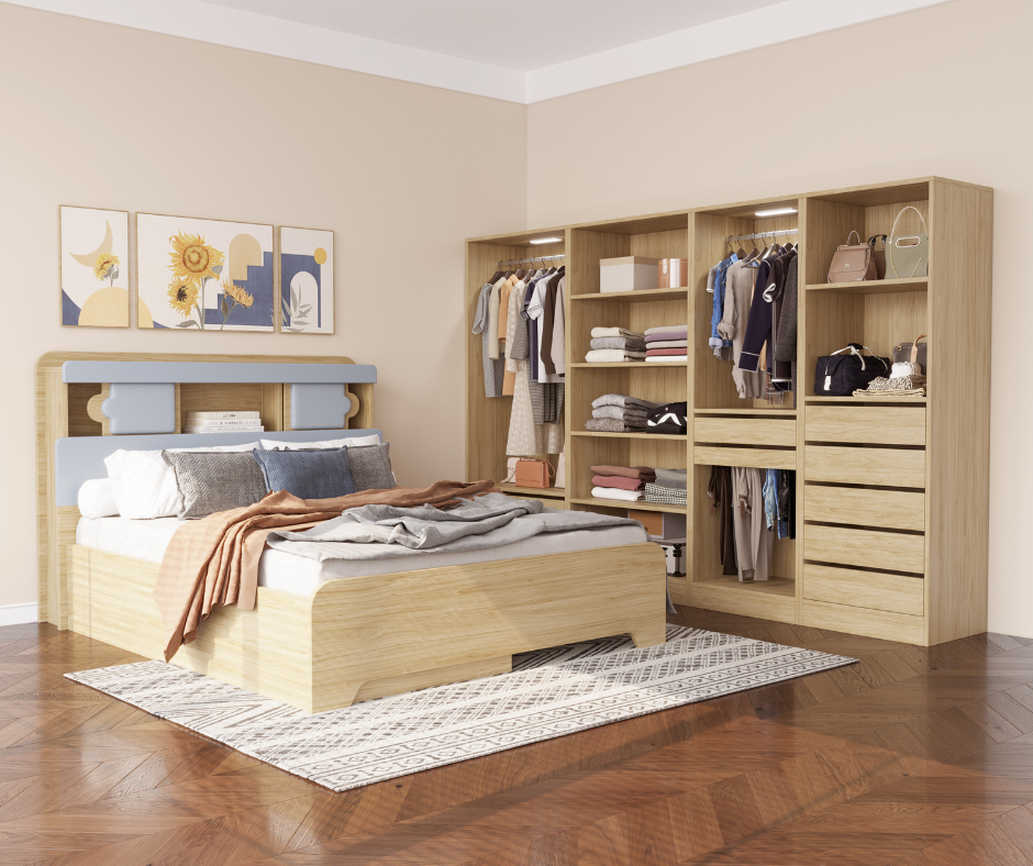 Modern bedroom with light wood bed, open wardrobe, and cozy bedding in stylish setting