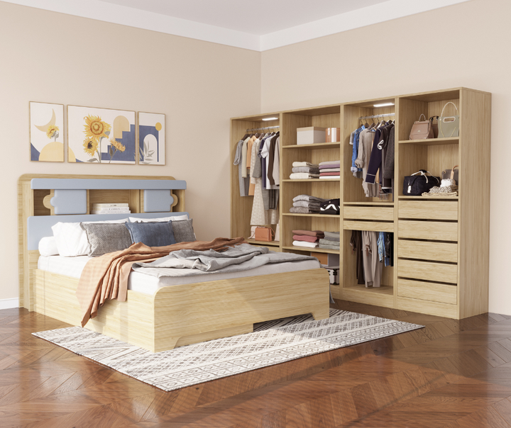 Modern bedroom with light wood bed, open wardrobe, and cozy bedding in stylish setting