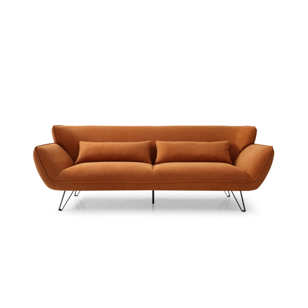 Modern orange fabric sofa with sleek black metal legs, perfect for contemporary living rooms