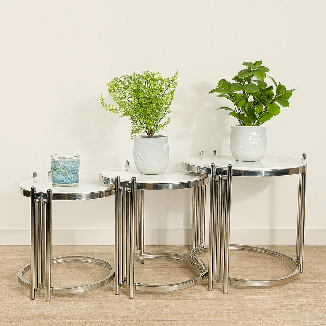 Oslo 3 Piece Nesting Table Brushed Silver Stainless Steel Base - DLB Furniture