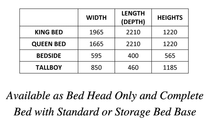 Furniture size chart showing king bed, queen bed, bedside, tallboy dimensions with options for storage or standard bed base.