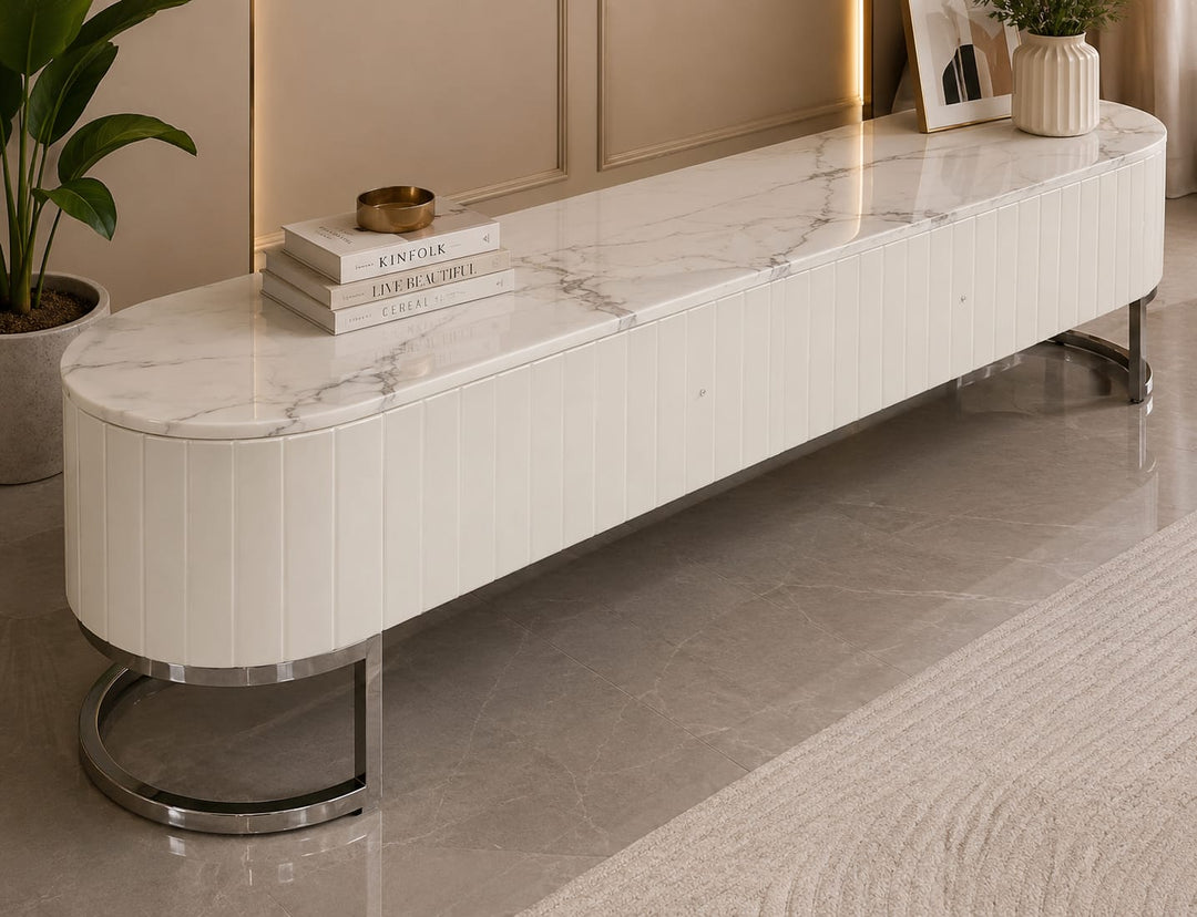 Cloudy Marble Top TV unit (Silver Legs)